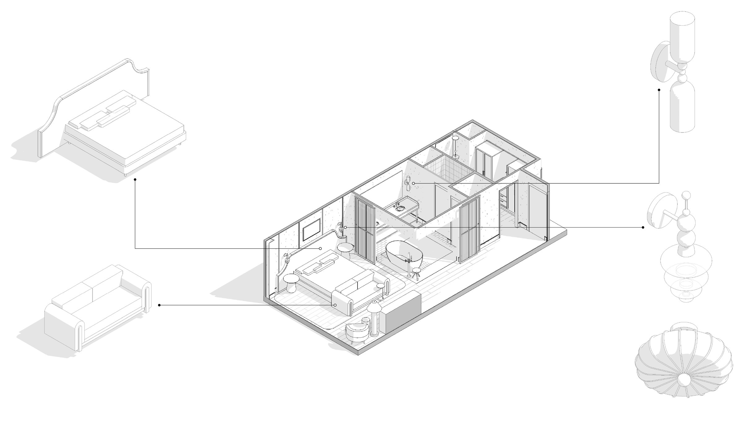 King guestroom axonometric with custom Revit families called out
