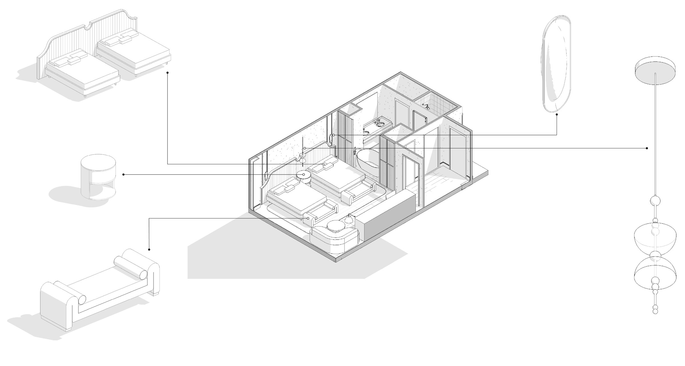 Queen guestroom axonometric with custom Revit families called out